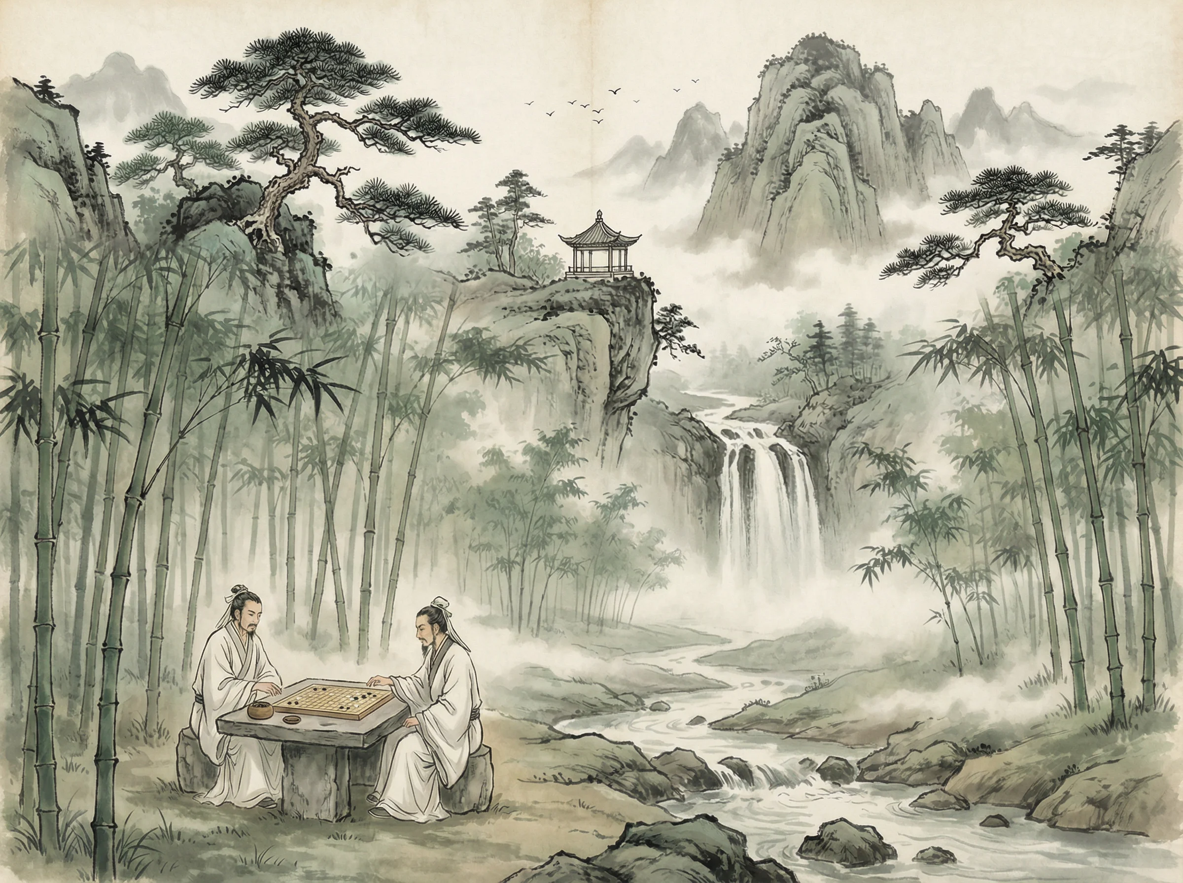 水墨山水画，松亭瀑布，鸿运棋牌 意境延伸