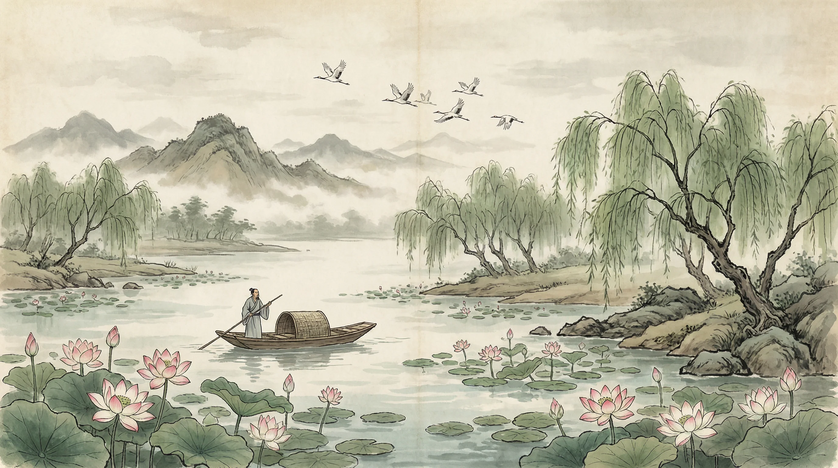 荷塘泛舟水墨画，与 鸿运棋牌 禅意相映